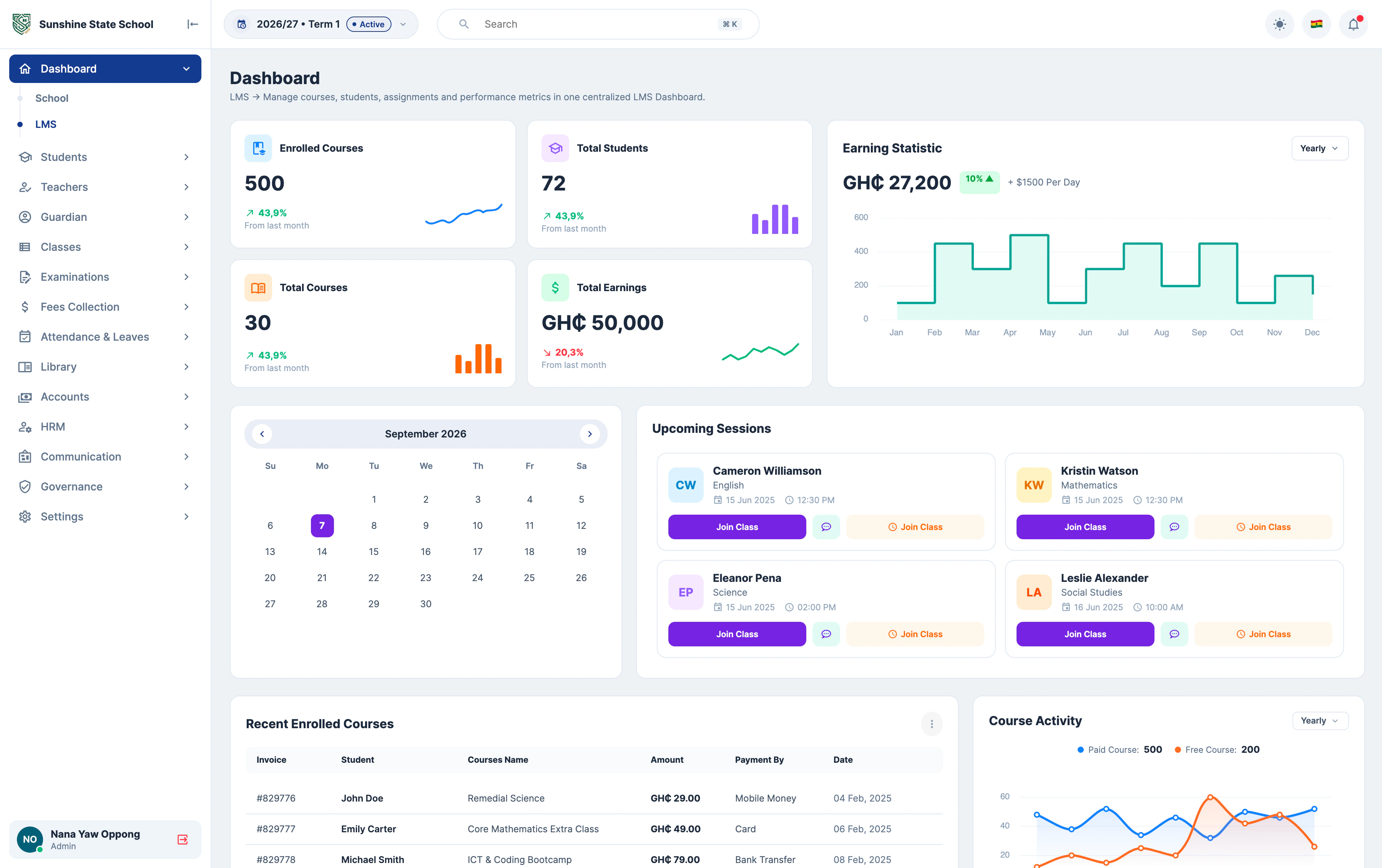 Scolara LMS dashboard with enrolled courses, earnings, upcoming live sessions and recent enrolments