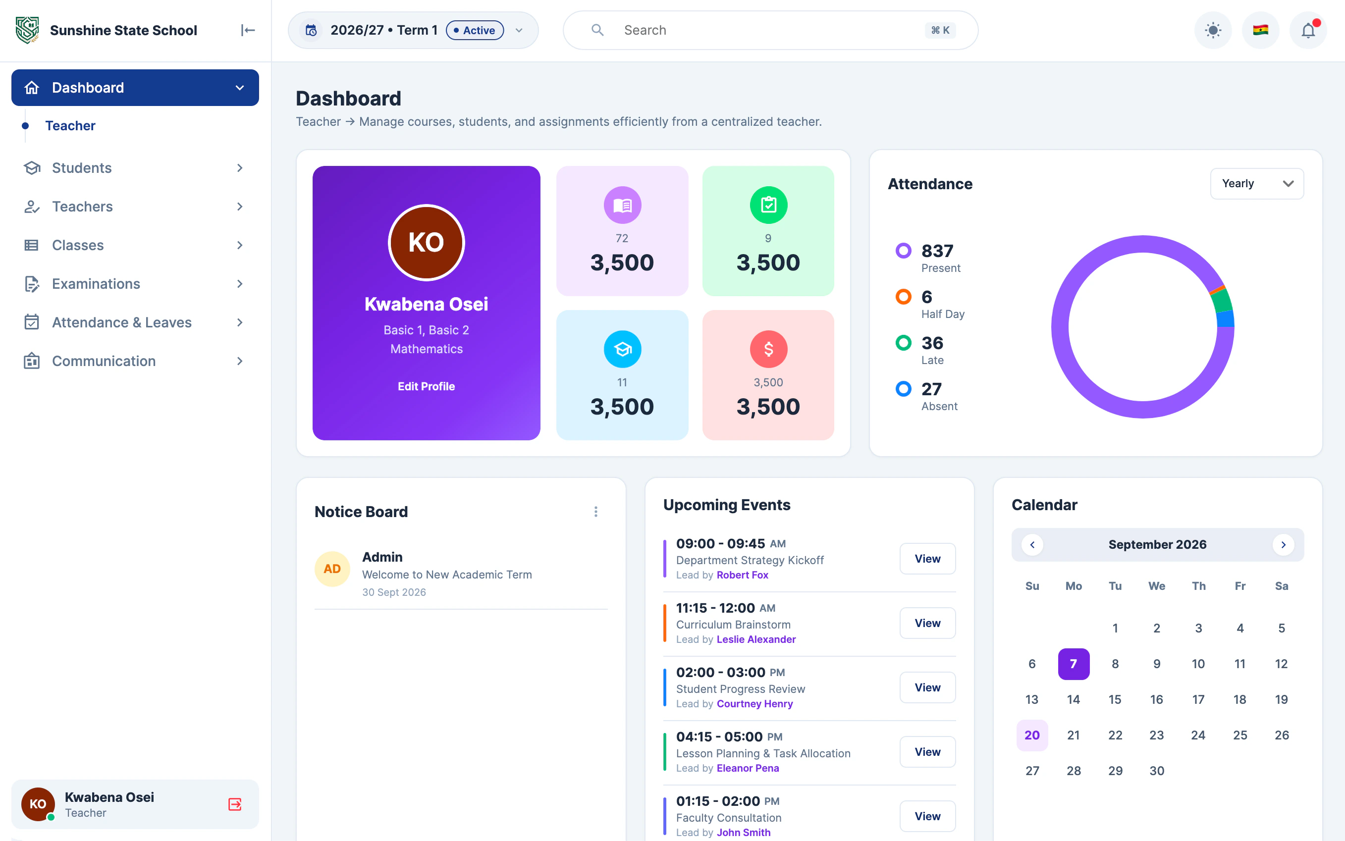 Scolara teacher dashboard with class attendance, notice board, upcoming events and calendar