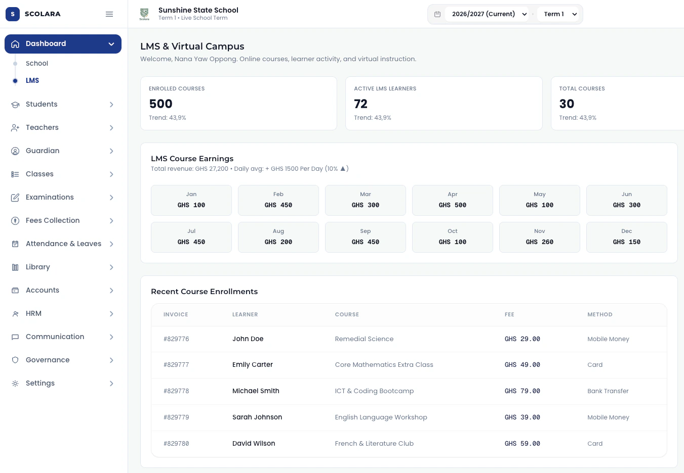Scolara web portal showing the virtual campus dashboard in a browser